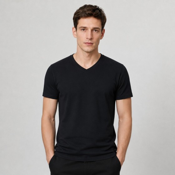 Men's Black Cotton V-Neck T-Shirt