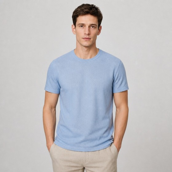 Men's Light Blue Linen-Blend Summer T-Shirt