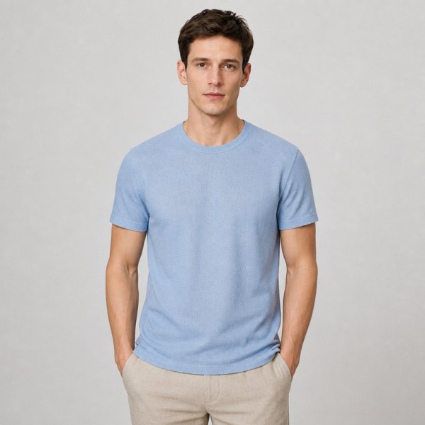 Men's Light Blue Linen-Blend Summer T-Shirt