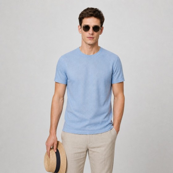 Men's Light Blue Linen-Blend Summer T-Shirt