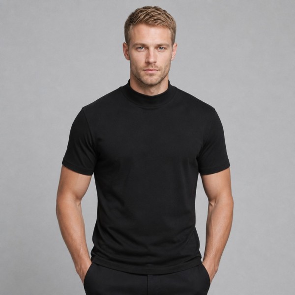 Men's Black Mock-Neck Short-Sleeve T-Shirt