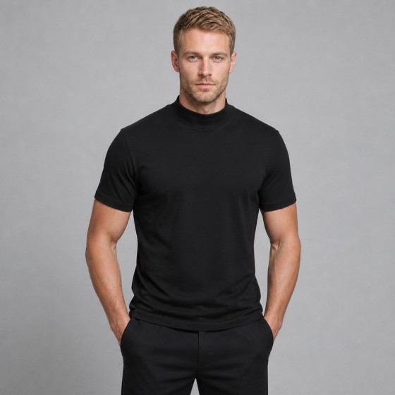 Men's Black Mock-Neck Short-Sleeve T-Shirt