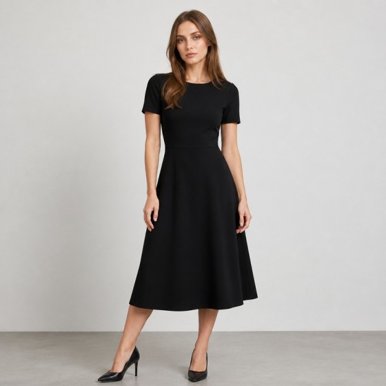 Women's Classic Black Crepe A-Line Midi Dress