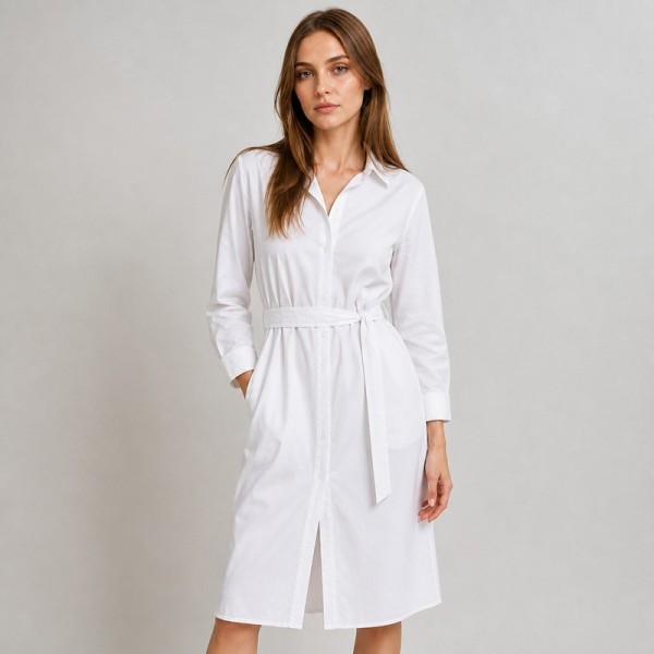 Women's White Cotton Belted Shirt Dress