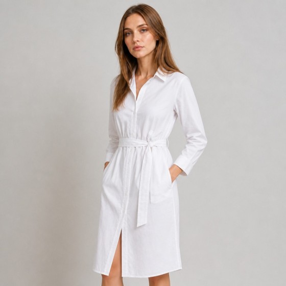 Women's White Cotton Belted Shirt Dress
