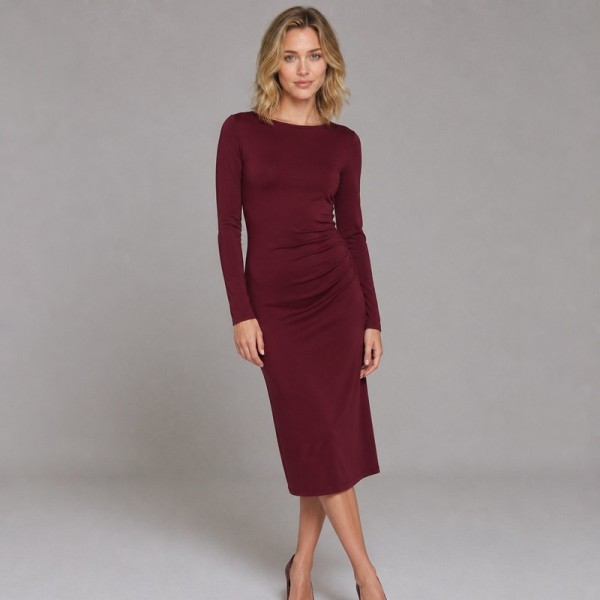 Women's Burgundy Long-Sleeve Midi Dress