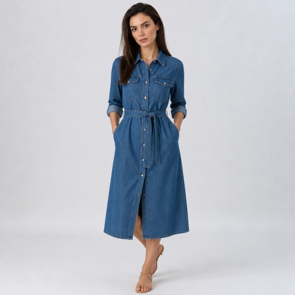 Women's Denim Blue Shirt Midi Dress
