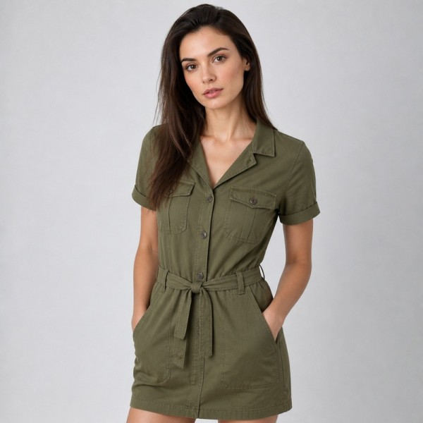 Women's Olive Utility Pocket Shirt Dress
