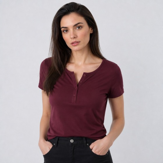 Women's Burgundy Short-Sleeve Henley T-Shirt