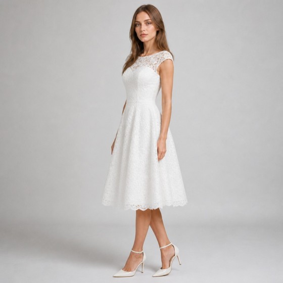Women's White Lace Tea-Length Bridal Gift Dress