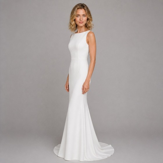 Women's White Crepe Column Sheath Bridal Gift Dress