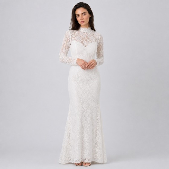 Women's White Long-Sleeve Lace Modest Bridal Gift Gown