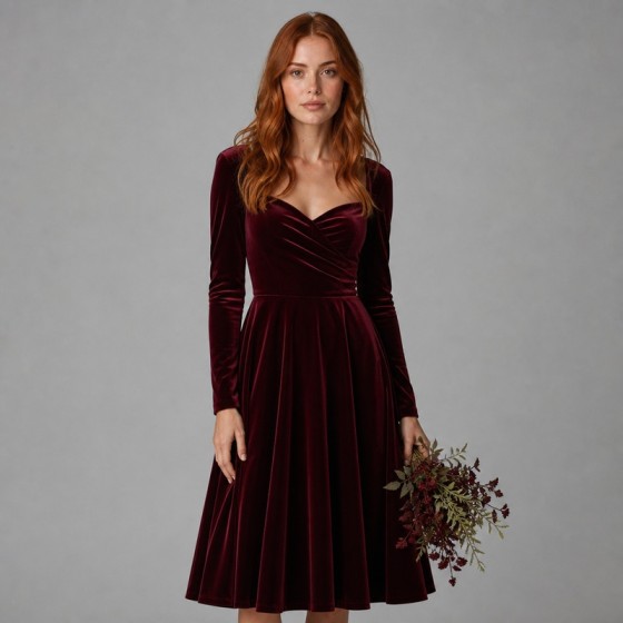 Women's Wine Velvet Winter Bridal Gift Midi Dress