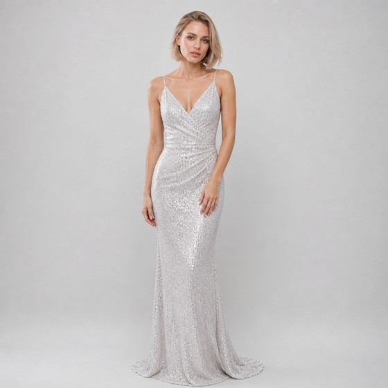 Women's Silver Sequin Sparkle Bridal Gift Evening Gown