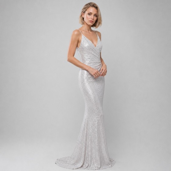 Women's Silver Sequin Sparkle Bridal Gift Evening Gown